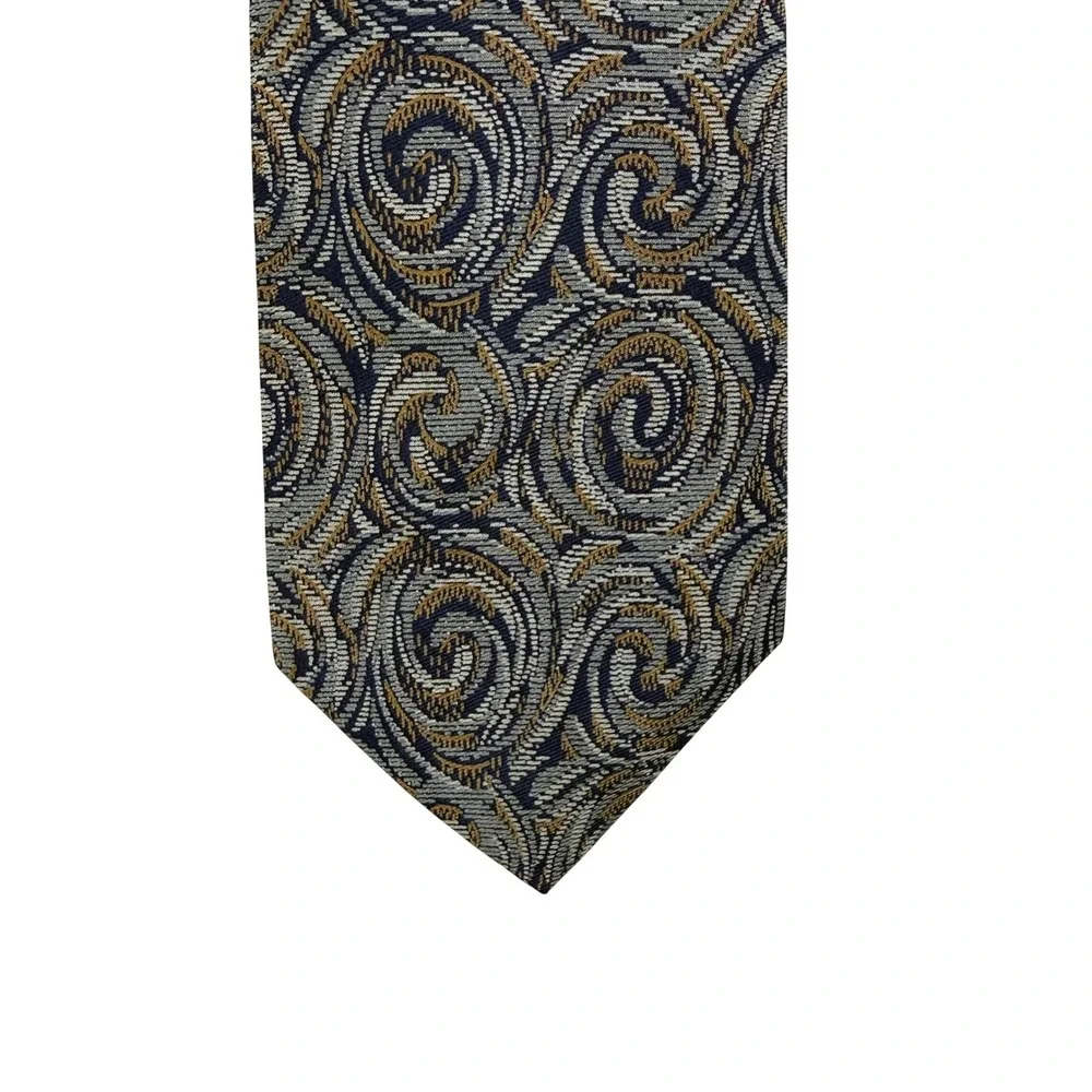 Courchevel Mens‎ Silk Necktie Swirl Pattern Navy Gold Formal Business